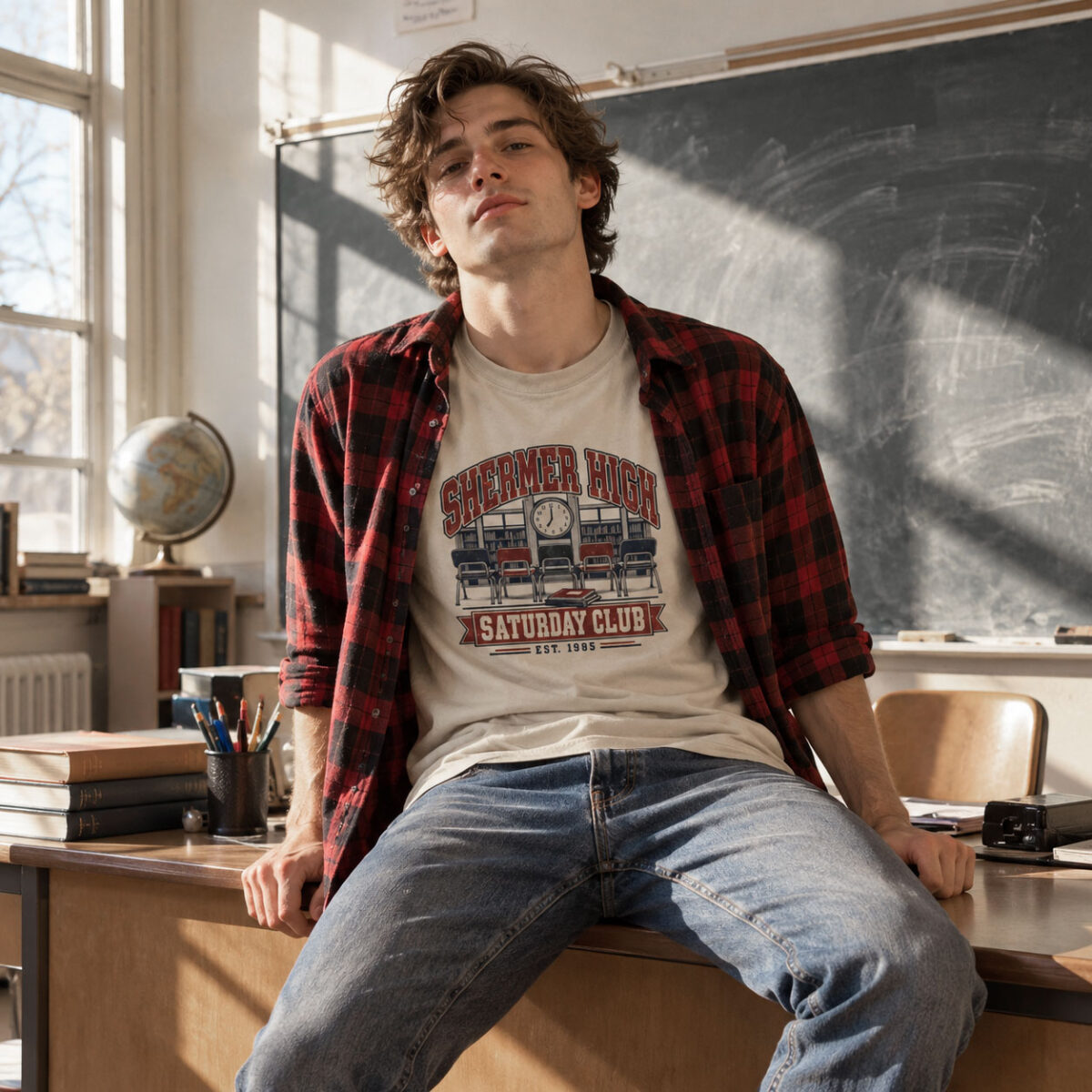 Un jeune homme porte un T-shirt Breakfast Club Shermer High Saturday Club sable