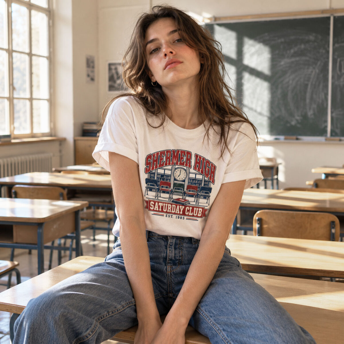 T-shirt blanc Shermer High Saturday Club porté dans une salle de classe