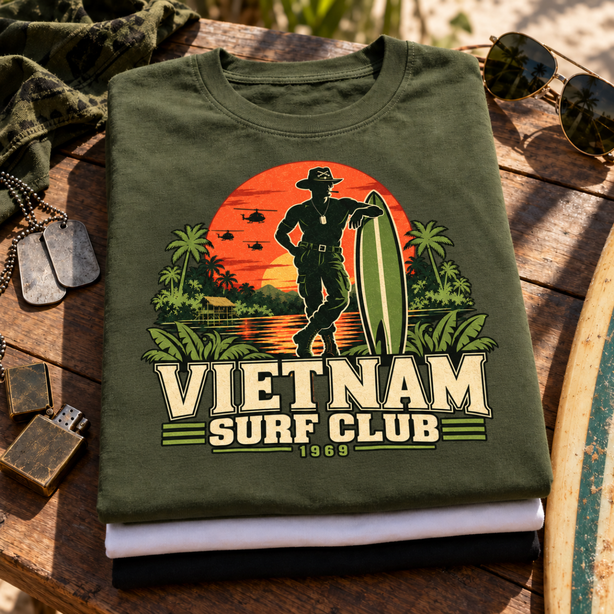 - T-shirt Vietnam Surf Club 1969 plié, hommage à Apocalypse Now